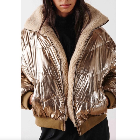 Ba&sh Blouson Roy Gold Metallic Dore Puffer Reversible Jacket Size Large NWT - Picture 1 of 10